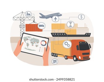 Blockchain-backed logistics isolated cartoon vector illustrations. Person with tablet controlling logistics transportation process, blockchain technology, shipping industry vector cartoon.