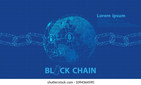 Blockchain,illustration with text and blue planet.