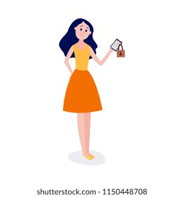 Blocked access to information and internet resources concept -young girl standing and holding chain-bound and locked mobile phone isolated on white background in flat vector illustration.