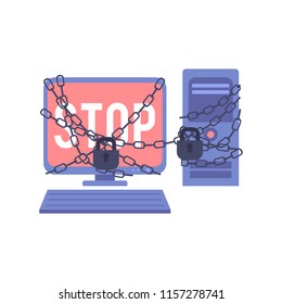Blocked access to information and resources concept in flat style. Chain-bound desktop computer with red screen on monitor with lock isolated on white background in vector illustration.