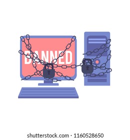 Blocked access to information and resources concept - chain-bound desktop computer with red screen and Banned sign on monitor with lock isolated on white background in flat vector illustration.