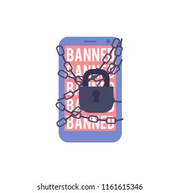 Blocked access to information and resources concept - flat vector illustration of chain-bound and locked smartphone with Banned sign on red screen isolated on white background.