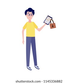 Blocked access to internet resources and data in flat vector illustration - young upset man standing and holding chain-bound and locked digital tablet isolated on white background.