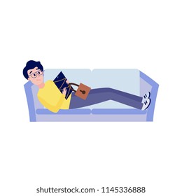 Blocked access to internet resources and information concept -upset man lying on sofa with chain-bound and locked digital tablet isolated on white background in flat vector illustration.