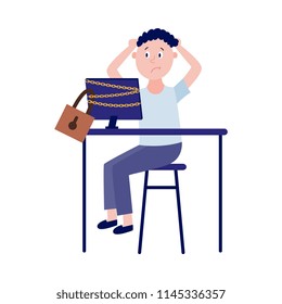 Blocked access to internet resources or parental control concept with upset boy sitting at table with chain-bound and locked computer monitor in flat isolated vector illustration.