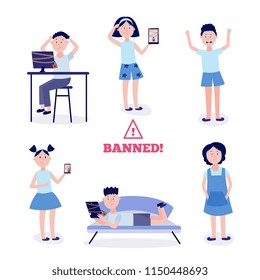 Blocked access to internet resources or parental control concept set - kids with various chain-bound and locked digital devices isolated on white background in flat vector illustration.
