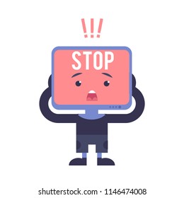 Blocked access to web page and internet resources concept with red pc screen and Stop sign. Banned computer monitor flat cartoon character in isolated vector illustration.