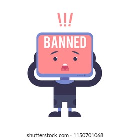 Blocked access to web page and internet resources concept with red pc screen and Banned sign - shocked computer monitor flat cartoon character in isolated vector illustration.
