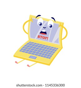 Blocked access to web pages concept with upset because of internet block laptop cartoon character with sign Stop on screen isolated on white background in flat vector illustration.