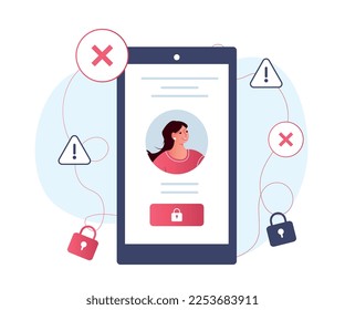 Blocked account concept. Young girl on smartphone screen. Internet security and protection of personal data. Protected profile from hacker attacks, cybersecurity. Cartoon flat vector illustration