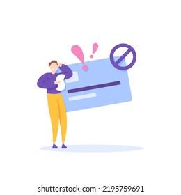 blocked accounts, prohibition of using atm, debit, and credit cards. a businessman is confused and surprised why his payment card is blocked. illustration concept design. graphic elements