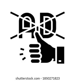 vectores de icono de glifo bloqueados con anuncios y gestos a mano. símbolo de contorno aislado del anuncio bloqueado y gesto manual