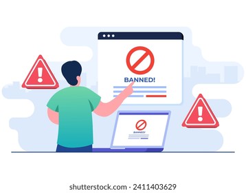 Sitio web, sistema, conexión, software de bloqueo de anuncios bloqueados o prohibidos, cuenta de usuario bloqueada, banner vectorial de ilustración plana para página de inicio, medios sociales, sitio web, aplicaciones móviles 