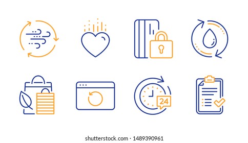 Blocked card, Bio shopping and Recovery internet line icons set. 24h delivery, Refill water and Wind energy signs. Heart, Approved checklist symbols. Private money, Leaf. Business set. Vector