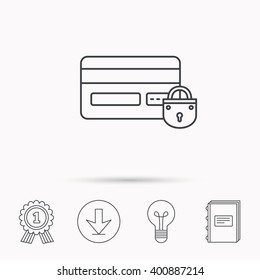 Blocked credit card icon. Shopping sign. Download arrow, lamp, learn book and award medal icons.