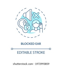 Blocked ear concept icon. Top ear condition idea thin line illustration. Colds, allergies consequence. Ringing, buzzing. Earwax buildup. Vector isolated outline RGB color drawing. Editable stroke