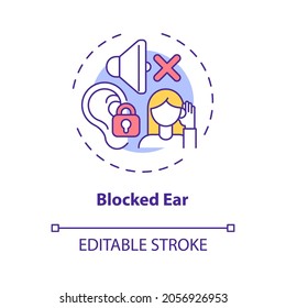 Blocked ear concept icon. Top ear condition idea thin line illustration. Clogged, muffled sensation. Ringing, buzzing. Earwax buildup. Vector isolated outline RGB color drawing. Editable stroke