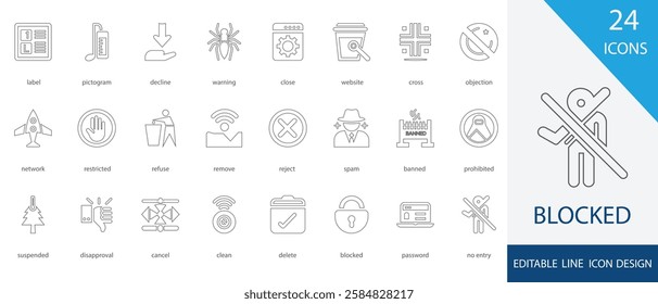 Blocked editable line icon set. containing delete, cross, spam,  cancel,  warning and more stroke art