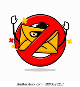 Blocked Email Concept. Isolated Cute Mail Cartoon Bad Guy Face Inside Red Crossed Circle Vector Illustration