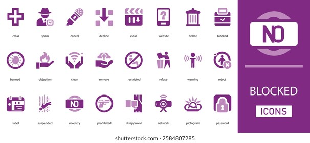 Blocked flat vector icon set. with remove, label, suspended, password,  no entry and more solid icons