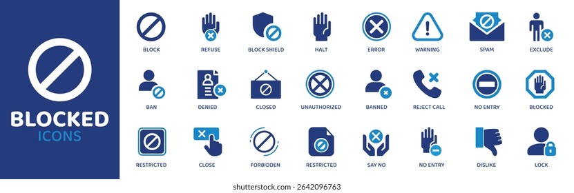 Blocked - Icon Collection. Thin Line Set contains such Icons as Blocked, Stop, Ban, Denied, Cancel, Error, Forbidden and more. Simple web icons set.