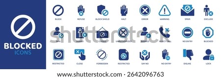 Blocked - Icon Collection. Thin Line Set contains such Icons as Blocked, Stop, Ban, Denied, Cancel, Error, Forbidden and more. Simple web icons set.
