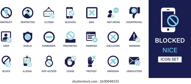 Gesperrte Symbolsatz-Sammlung. Obstruieren, eingeschränkt, geschlossen, blockieren, verbieten, Ablehnung, Schild, Benutzerkonto, verboten, Webseite und beste Solid-Icon-Set.