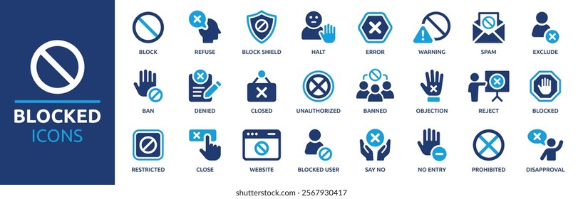 Blocked icon set. Containing forbidden sign, prohibited, banned, error, refuse, close, reject and more. Solid vector icons collection.