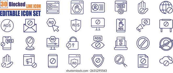 Blocked icon set. Containing forbidden sign, prohibited, banned, error, refuse, close, reject and more. Solid vector icons collection.