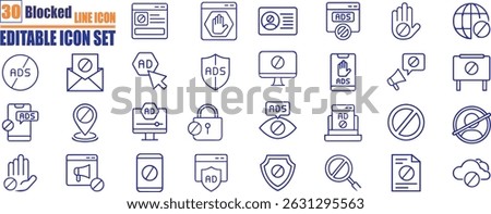 Blocked icon set. Containing forbidden sign, prohibited, banned, error, refuse, close, reject and more. Solid vector icons collection.