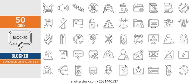 Blocked Icon Set – Editable Line Vector Icons of Forbidden Signs, Prohibition, Ban, Error, Rejection, Lock, Denial and Access Restrictions.