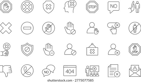 Blocked icon set. Editable line icons. Containing forbidden sign, prohibition, ban, error, refuse, objection, deny, close, reject and more. 
