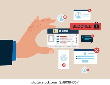 Blocked ID card. Hacker Cyber Attack, Censorship. Flat vector Illustration.