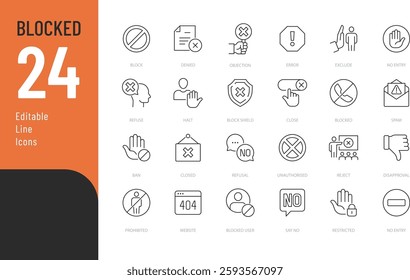 Blocked Line Editable Icons set. Vector illustration in modern thin line style of prohibitory signs related icons: objection, deny, refuse, and more.