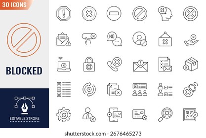 Conjunto de iconos editables de línea bloqueada. Contiene objeción, negación, rechazo y más. Ilustración vectorial