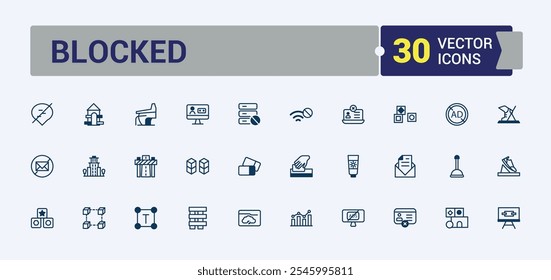 Blocked line web icon set. Contains related to close, block, safety, key, lock, protect, safe. Modern thin icons. Vector illustration in modern line style.