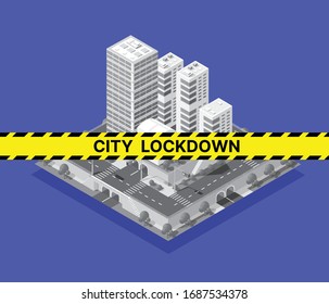 The blocked lockdown city is banned from the movement of the quarantine virus epidemic danger. Stock 3D illustration vector design
