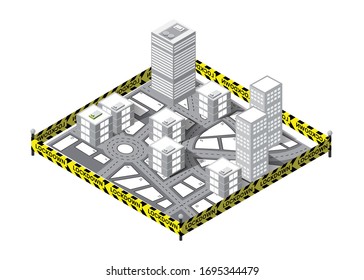 La ciudad bloqueada está prohibida de circular por el peligro epidémico del virus de cuarentena. Diseño vectorial de ilustración 3D de stock