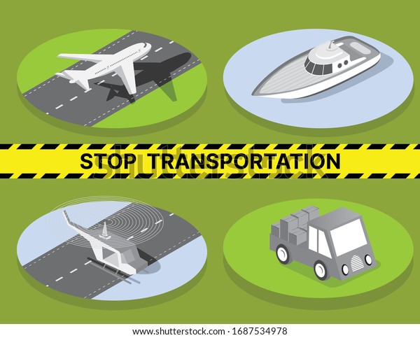The blocked lockdown city transportation is banned\
from the movement of the quarantine epidemic danger. Stock 3D\
illustration vector design