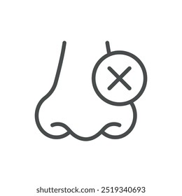 Blocked Nose Icon. Thin Line Illustration of Nose with Cross Symbol Representing Nasal Congestion. Medical Vector Sign for Breathing Issues and Nasal Blockage.