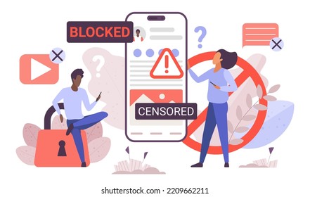 Blocked online social media content, internet restriction for mobile app vector illustration. Cartoon tiny people sitting on lock near big phone with exclamation mark and censored word on screen