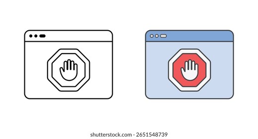 Blocked pop-ups icon with browser window and stop sign symbol, ideal for ad blocking, secure browsing, and digital privacy illustrations.