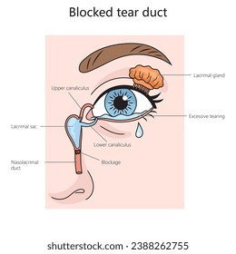 blocked tear duct structure diagram hand drawn schematic vector illustration. Medical science educational illustration