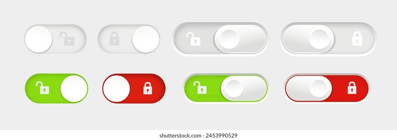 Botones de conmutador bloqueados y desbloqueados. Conjunto de Botones de interruptor de diseño de material. Vector