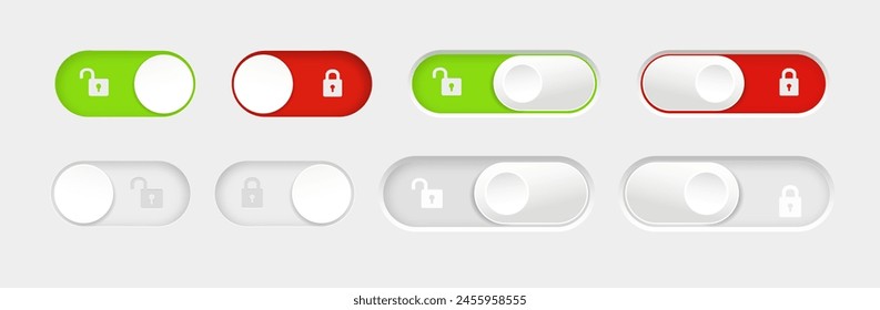 Botones de conmutador bloqueados y desbloqueados. Conjunto de Botones de interruptor de diseño de material. Ilustración vectorial