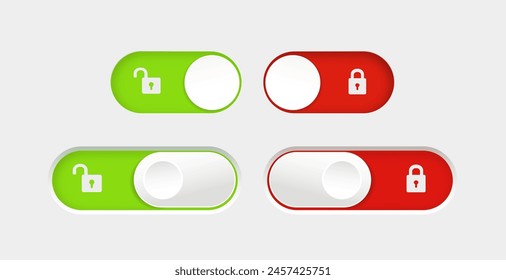 Botones de conmutador bloqueados y desbloqueados. Conjunto de Botones de interruptor de diseño de material. Ilustración vectorial