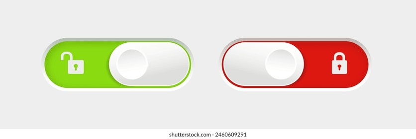 Botones de conmutador bloqueados y desbloqueados. Conjunto de Botones de interruptor de diseño de material. Vector