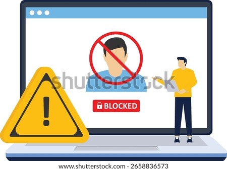 blocked user account concept, shocked and anxious about blocked user account. help user to unblock account. Security from cybercrime activities, hacker attacks, censorship or ransomware. flat design.
