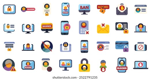 Blocked user account icons set, access denied, restriction, login problem, spam, flat vector illustration
