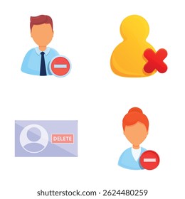 Blocked user icons set cartoon vector. Account cannot be accessed or used. Social community